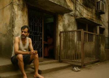 A weary middle-aged Indian man sits outside a rundown two-storey house in Virar, as his wife teaches tuition inside