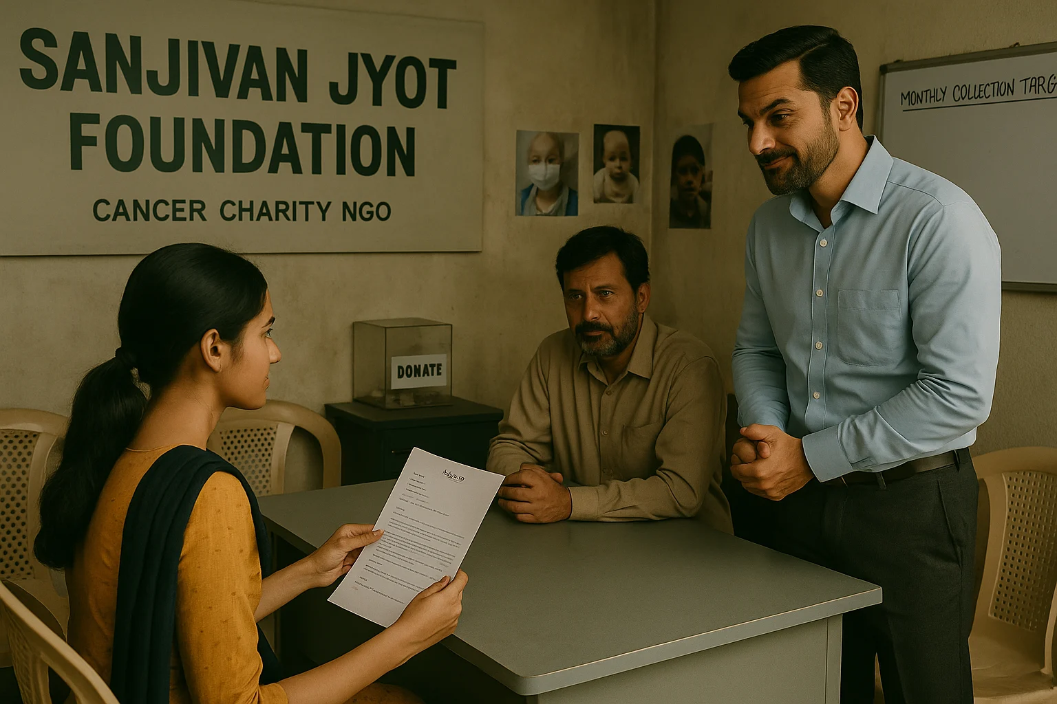 Two Indian men sit at a desk inside an NGO office, interviewing a young woman in traditional attire, symbolizing recruitment for a donation campaign.