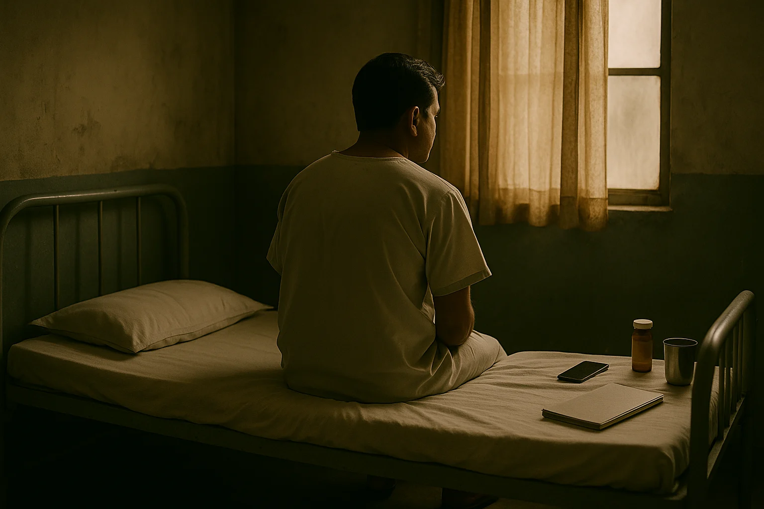 Middle-aged man sitting alone on hospital bed in dimly lit ward, looking out window