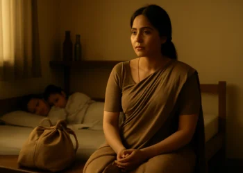 A realistic scene of a woman in her early 30s sitting on a modest bed at dawn, dressed in a simple saree, with a cloth bag beside her and faint light revealing children sleeping and empty bottles in the background.