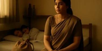 A realistic scene of a woman in her early 30s sitting on a modest bed at dawn, dressed in a simple saree, with a cloth bag beside her and faint light revealing children sleeping and empty bottles in the background.
