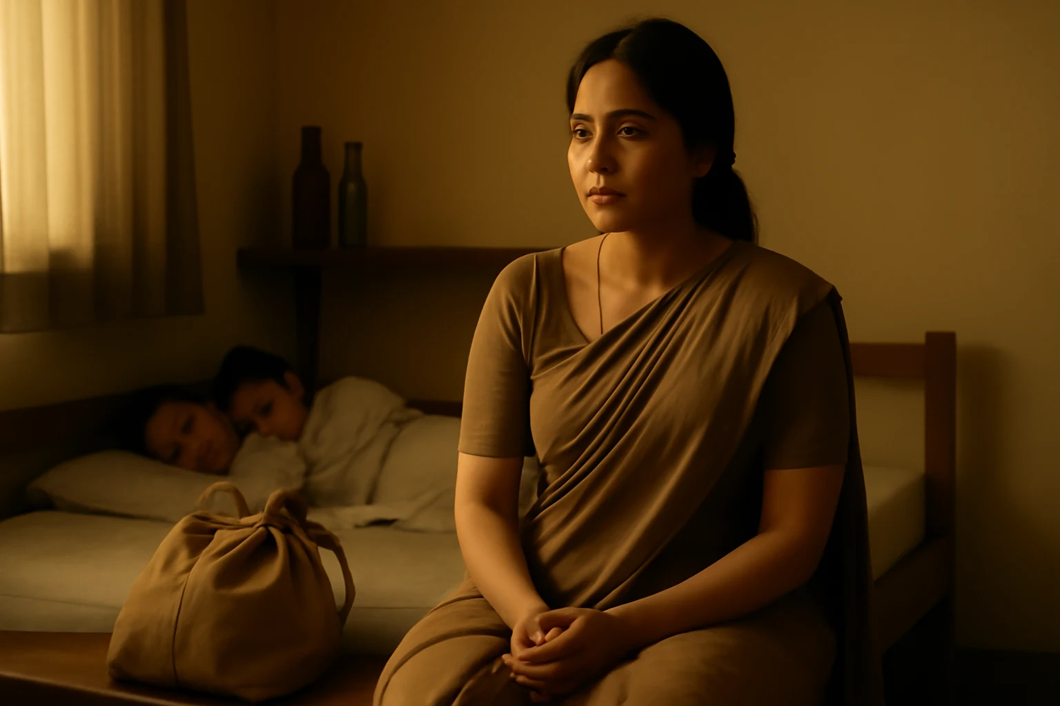 A realistic scene of a woman in her early 30s sitting on a modest bed at dawn, dressed in a simple saree, with a cloth bag beside her and faint light revealing children sleeping and empty bottles in the background.
