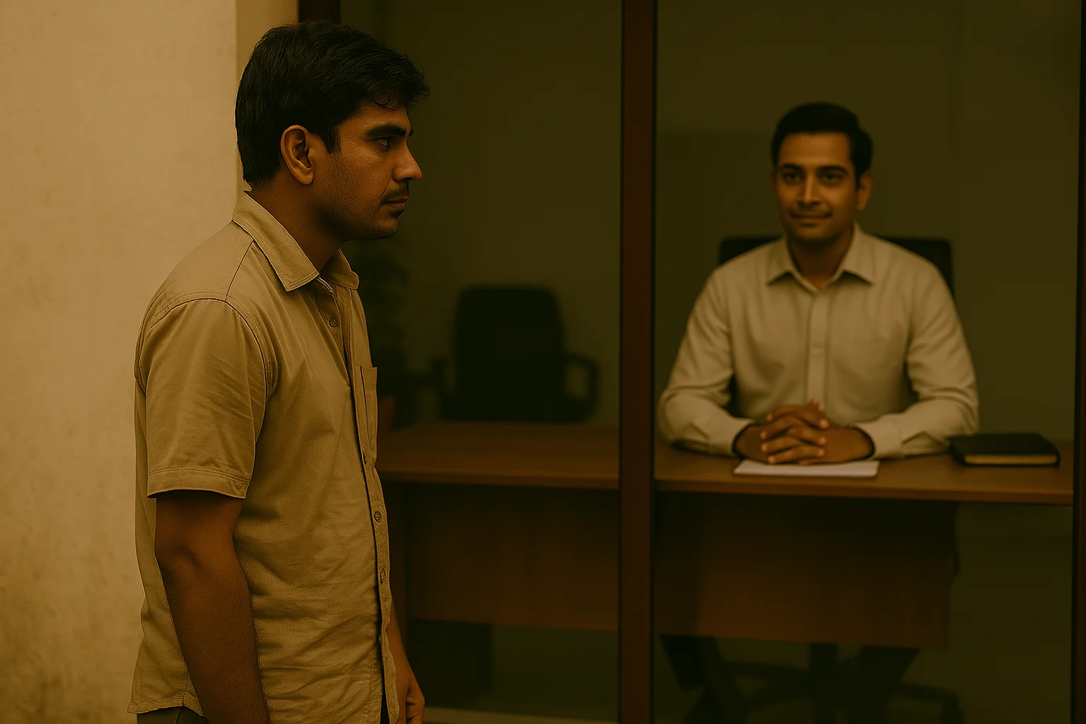 A South Asian man in wrinkled clothes stands outside an office window, looking at another neatly dressed man seated confidently at a desk inside.
