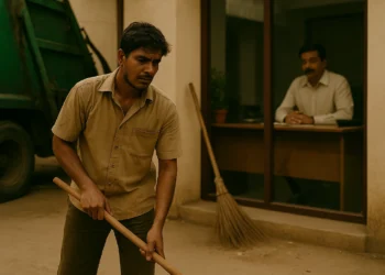 A young South Asian sanitation worker sweeps outside an office while a man in formal attire observes him from inside through a glass window.