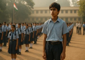 A morning assembly at an Indian school with students lined up and one boy standing defiantly, breaking formation.