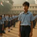 A morning assembly at an Indian school with students lined up and one boy standing defiantly, breaking formation.