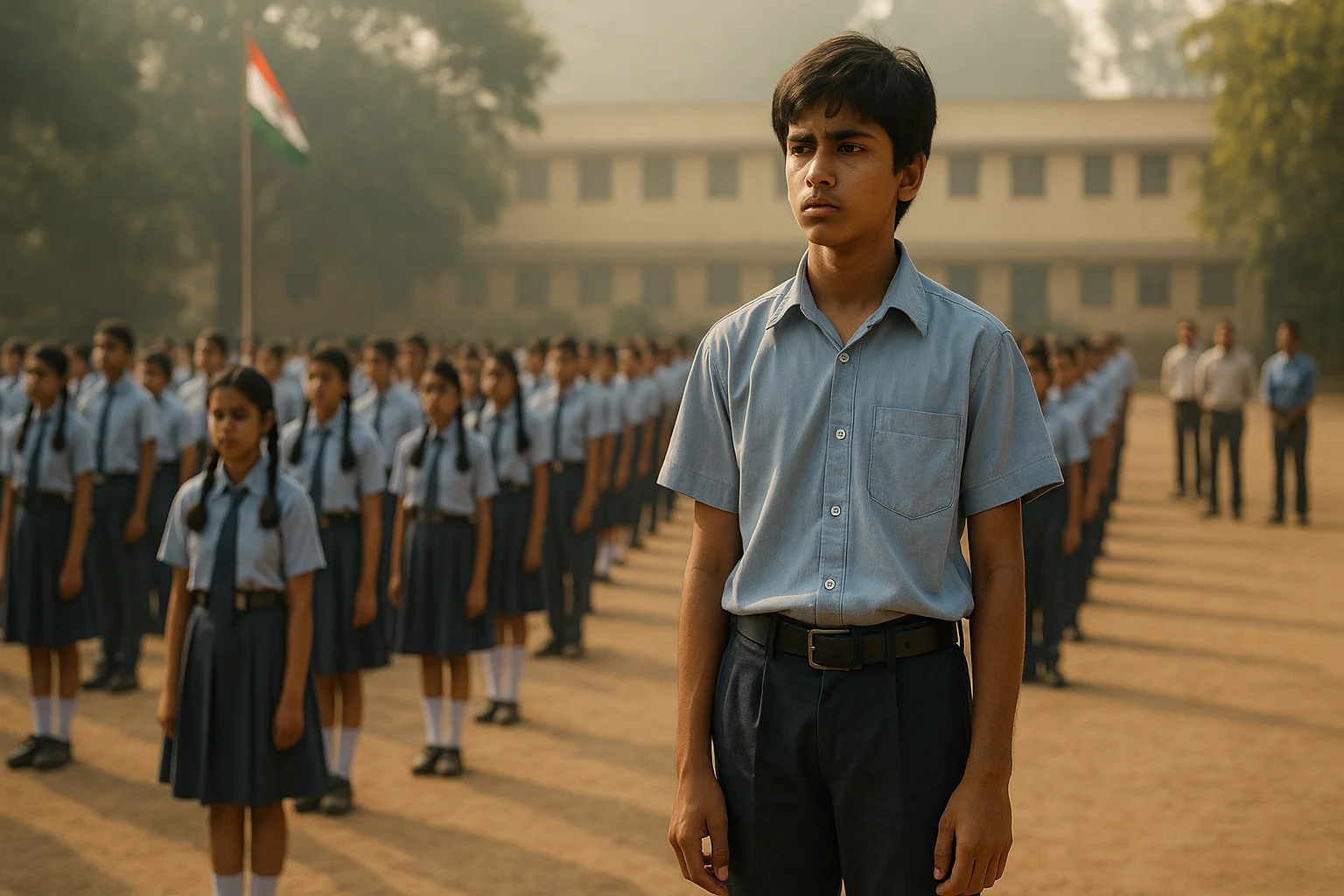 A morning assembly at an Indian school with students lined up and one boy standing defiantly, breaking formation.