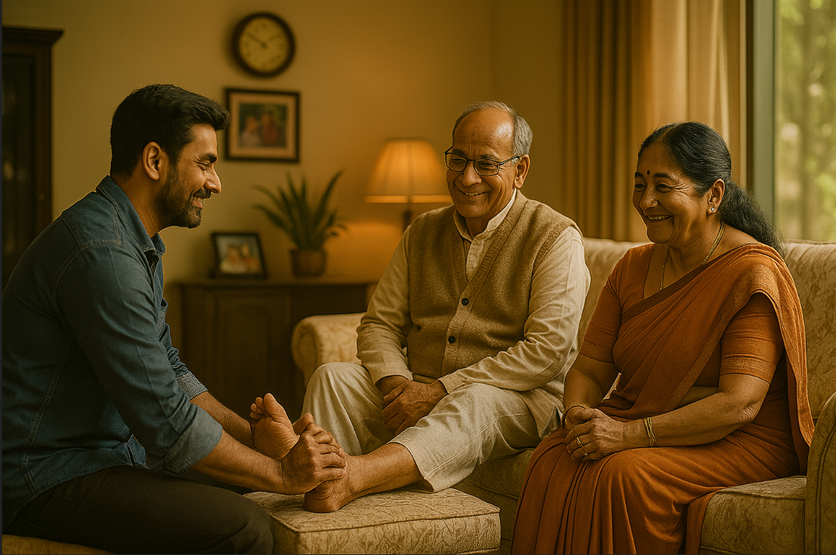 A young Indian man massages his elderly father’s feet while his smiling mother watches in a warm, sunlit living room filled with love and gratitude.