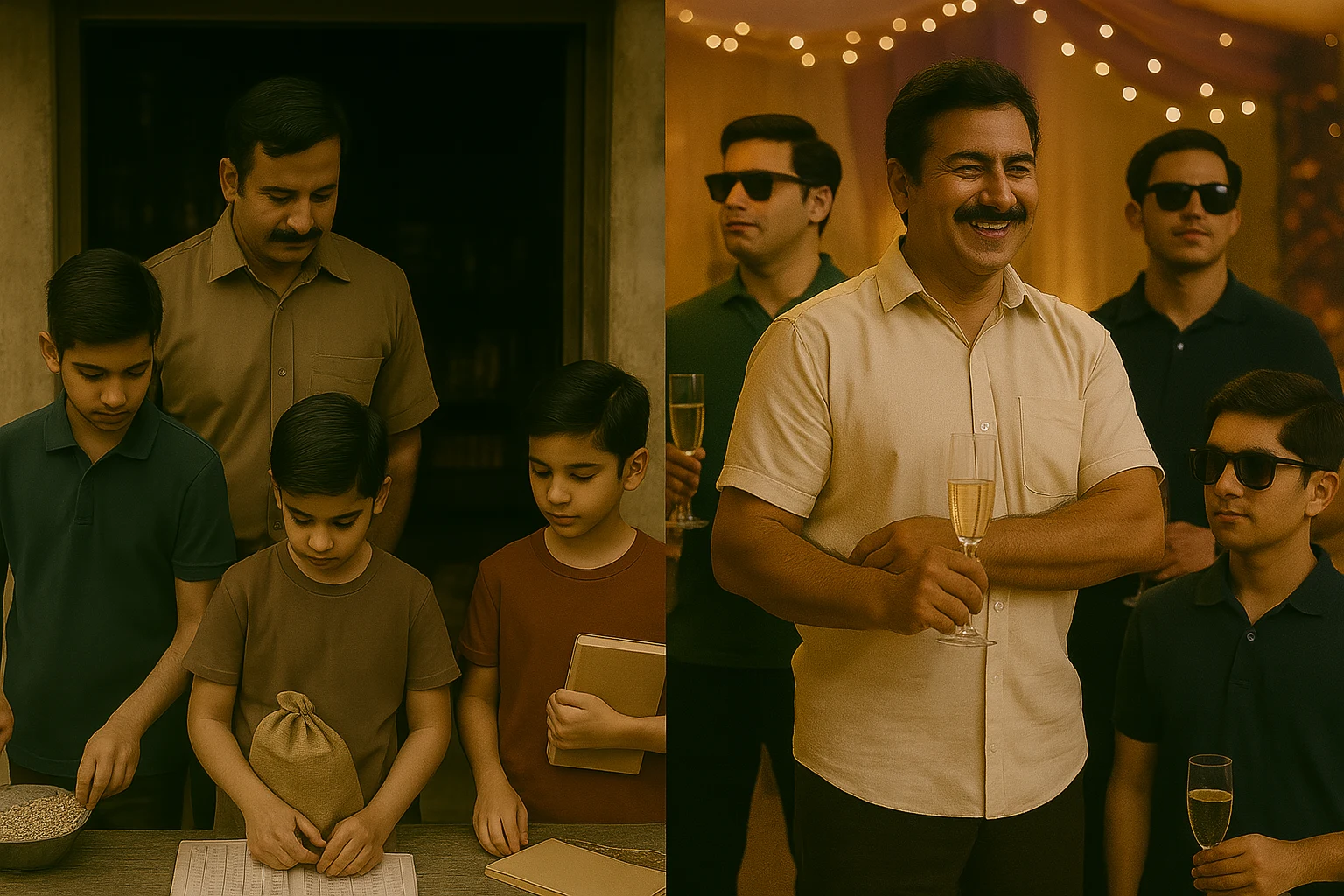 A split-scene image showing two Indian fathers with their sons—one inside a humble grocery shop, the other celebrating at a party with champagne—symbolizing discipline versus extravagance.