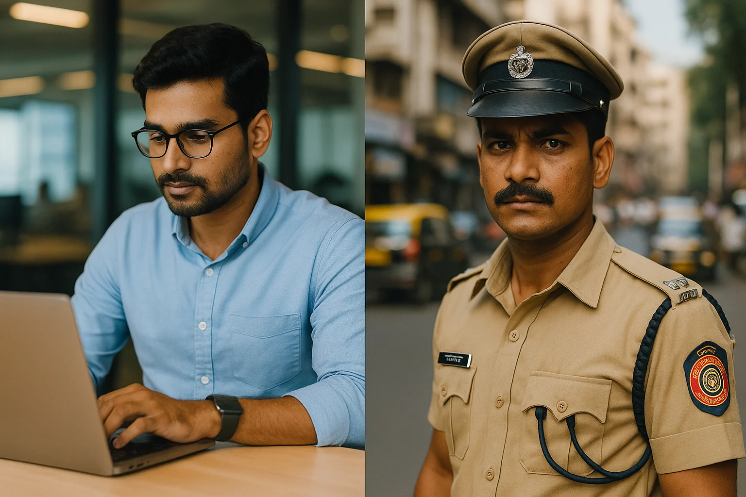 Split image of two Indian men — one working as a software engineer on a laptop in a modern office, and the other in Mumbai Police uniform standing on a city street.
