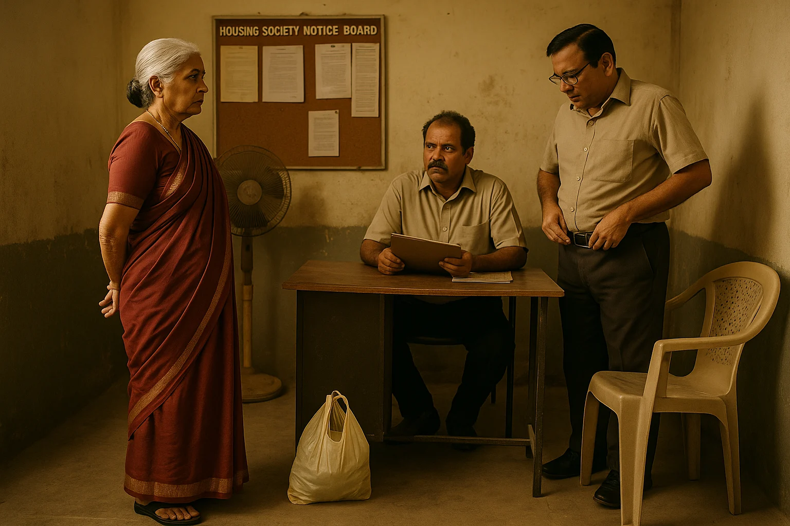 An elderly Indian woman stands with quiet strength before a group of skeptical society members in a housing office, facing false theft accusations.