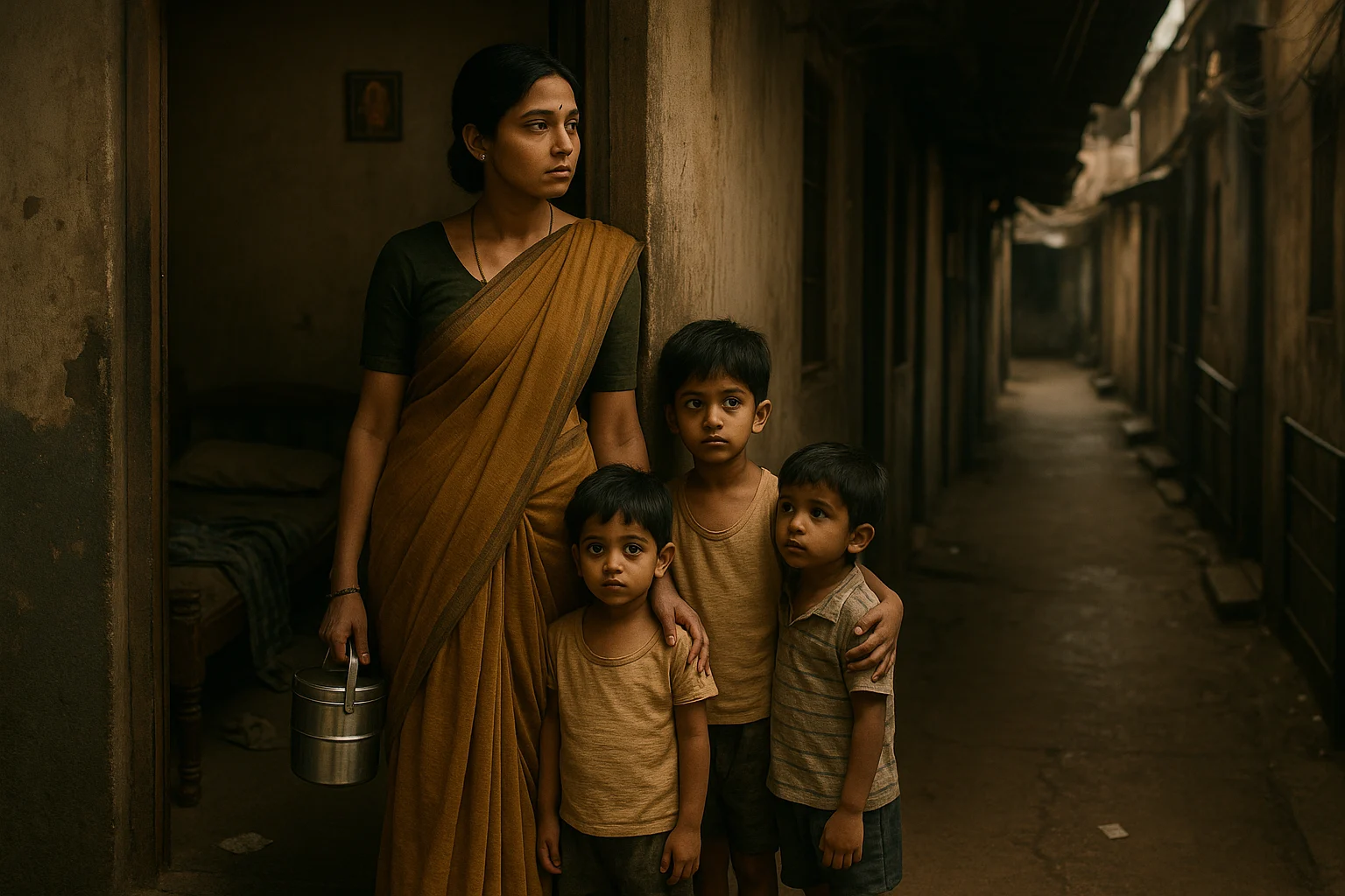 A young Indian woman stands pensively in her modest kitchen, suggesting a moment of solitude and quiet strength after abandonment.