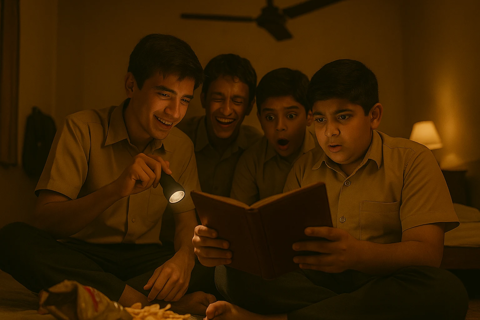 Four Indian schoolboys sit together under flashlight reading a teacher’s leather diary, showing mixed expressions of shock, curiosity, and amusement.