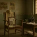 An empty wooden chair draped in a khadi shawl with a framed photo of a politician, beside a dusty table holding an old radio, a steel glass, and scattered papers in a dimly lit, decaying room.