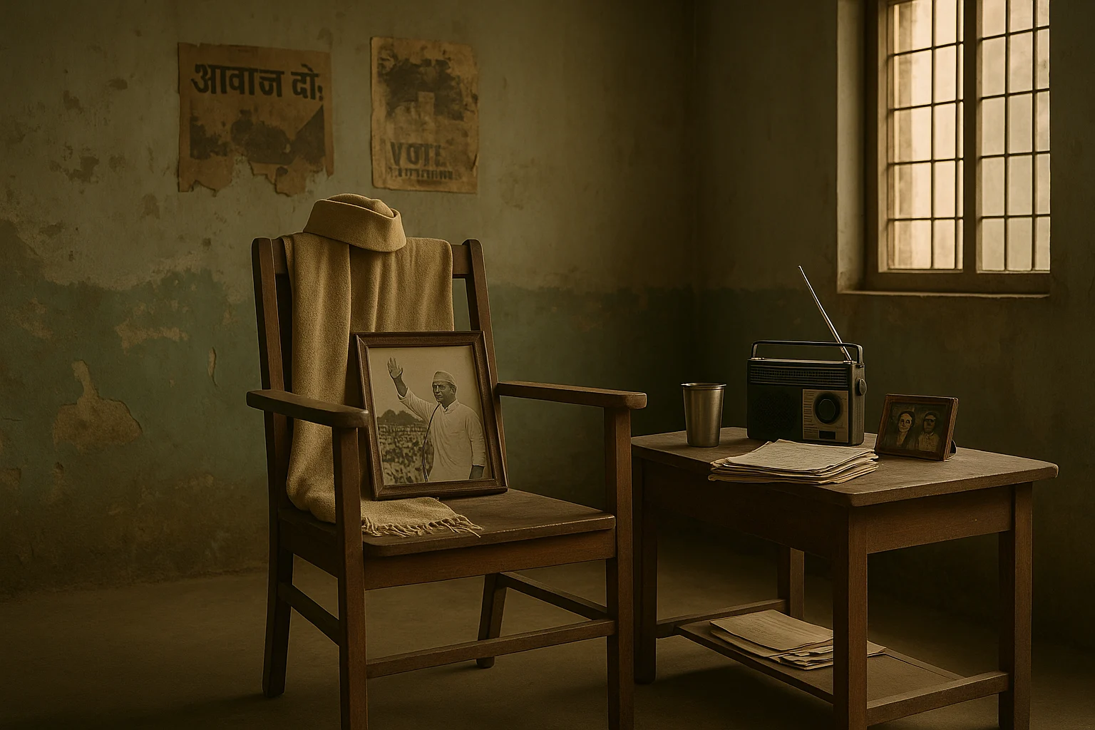 An empty wooden chair draped in a khadi shawl with a framed photo of a politician, beside a dusty table holding an old radio, a steel glass, and scattered papers in a dimly lit, decaying room.