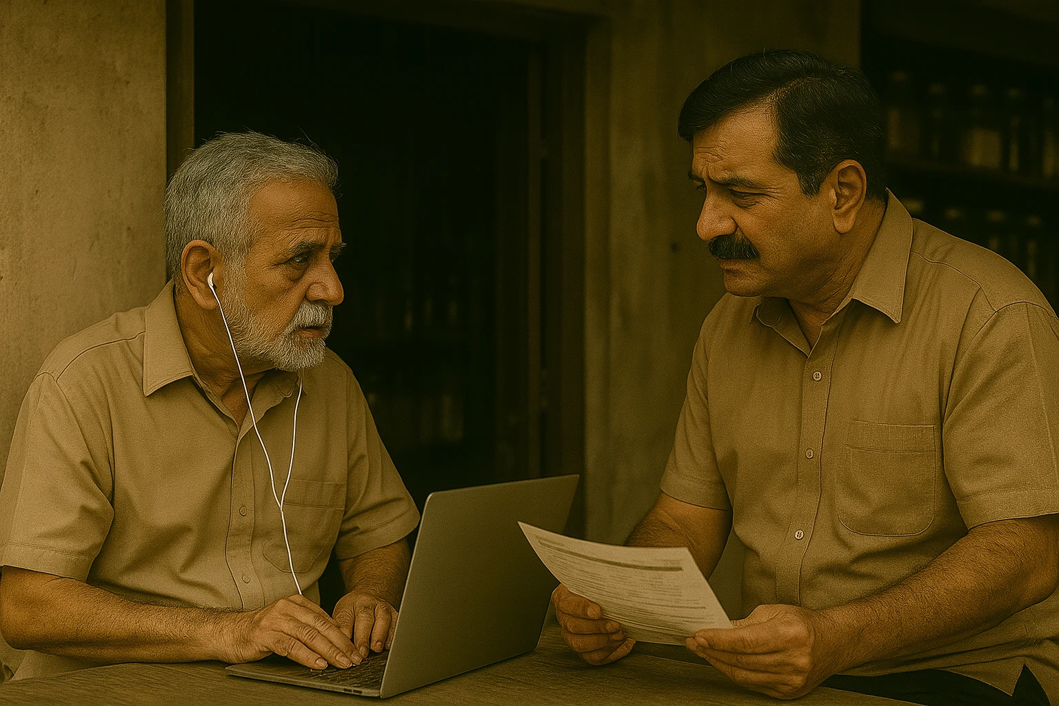 An elderly Indian man listens attentively in his shop as a worried relative shows him a document, depicting humility and quiet support between two aging family members.