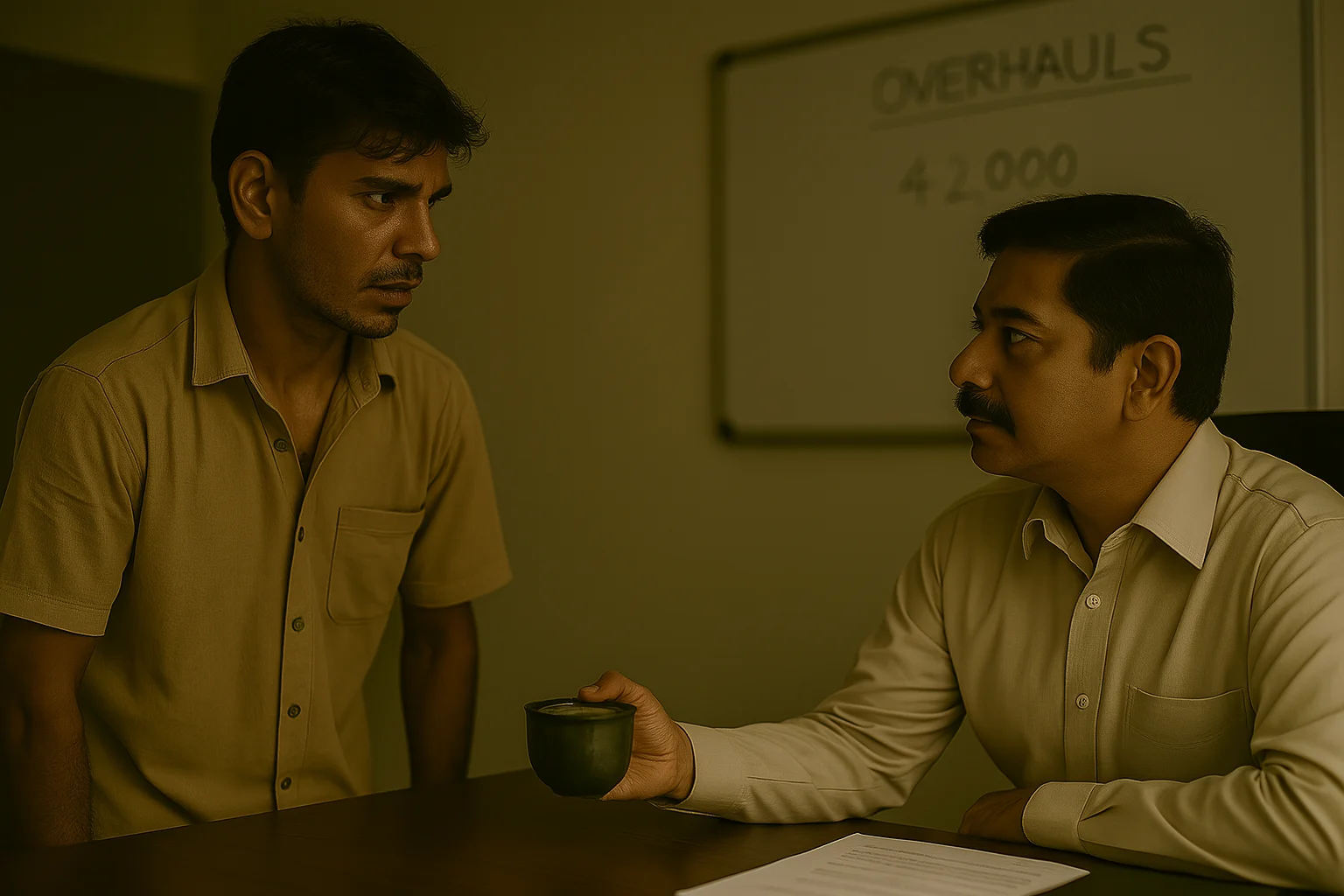Two South Asian men in an office setting; one seated calmly with a cup of green tea, the other standing across the desk looking anxious, with a whiteboard in the background showing the word “OVERHAULS” and the figure ₹42,000.