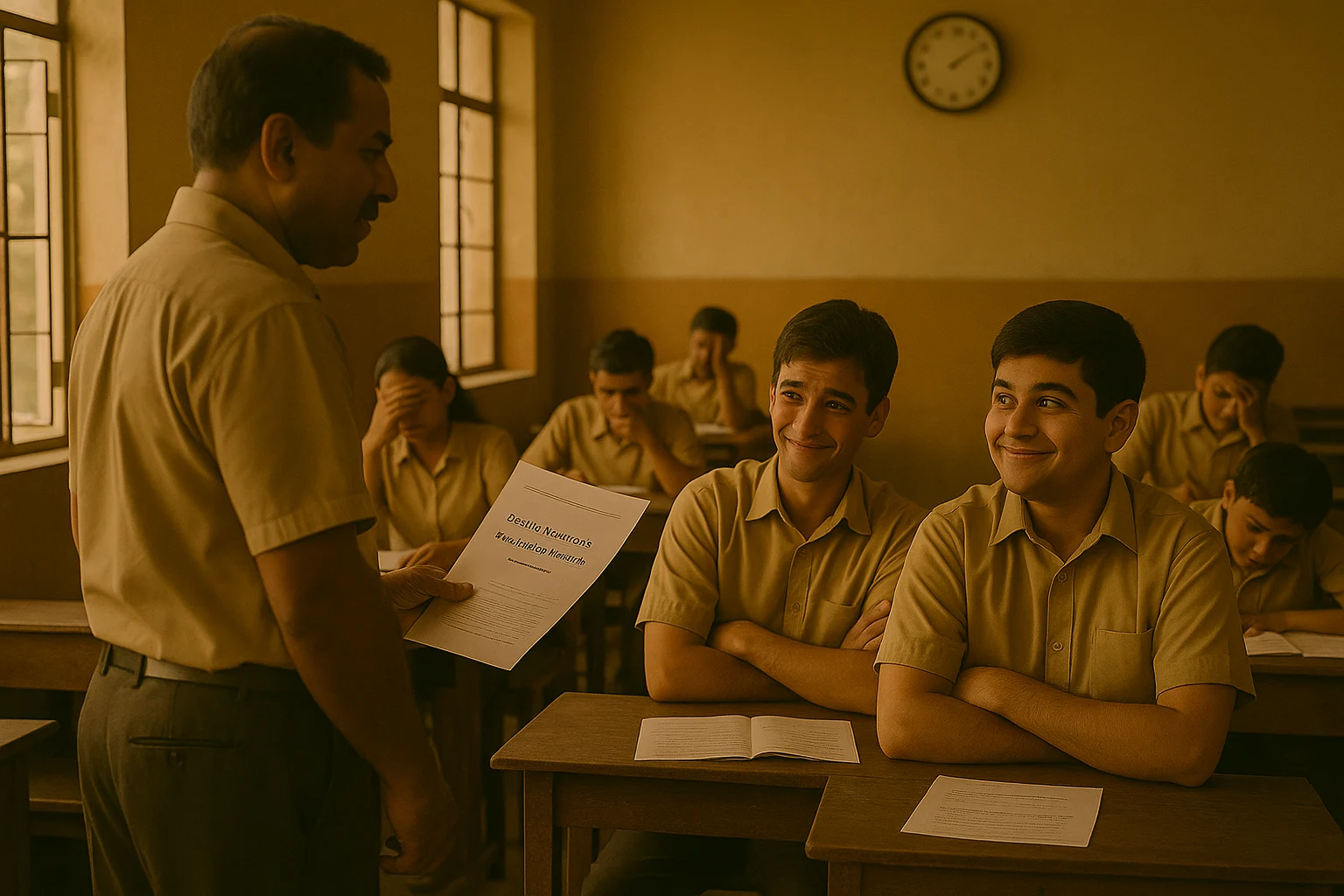 Two Indian schoolboys smile as the principal holds up a fake exam paper with a funny question, while confused classmates react during a test.