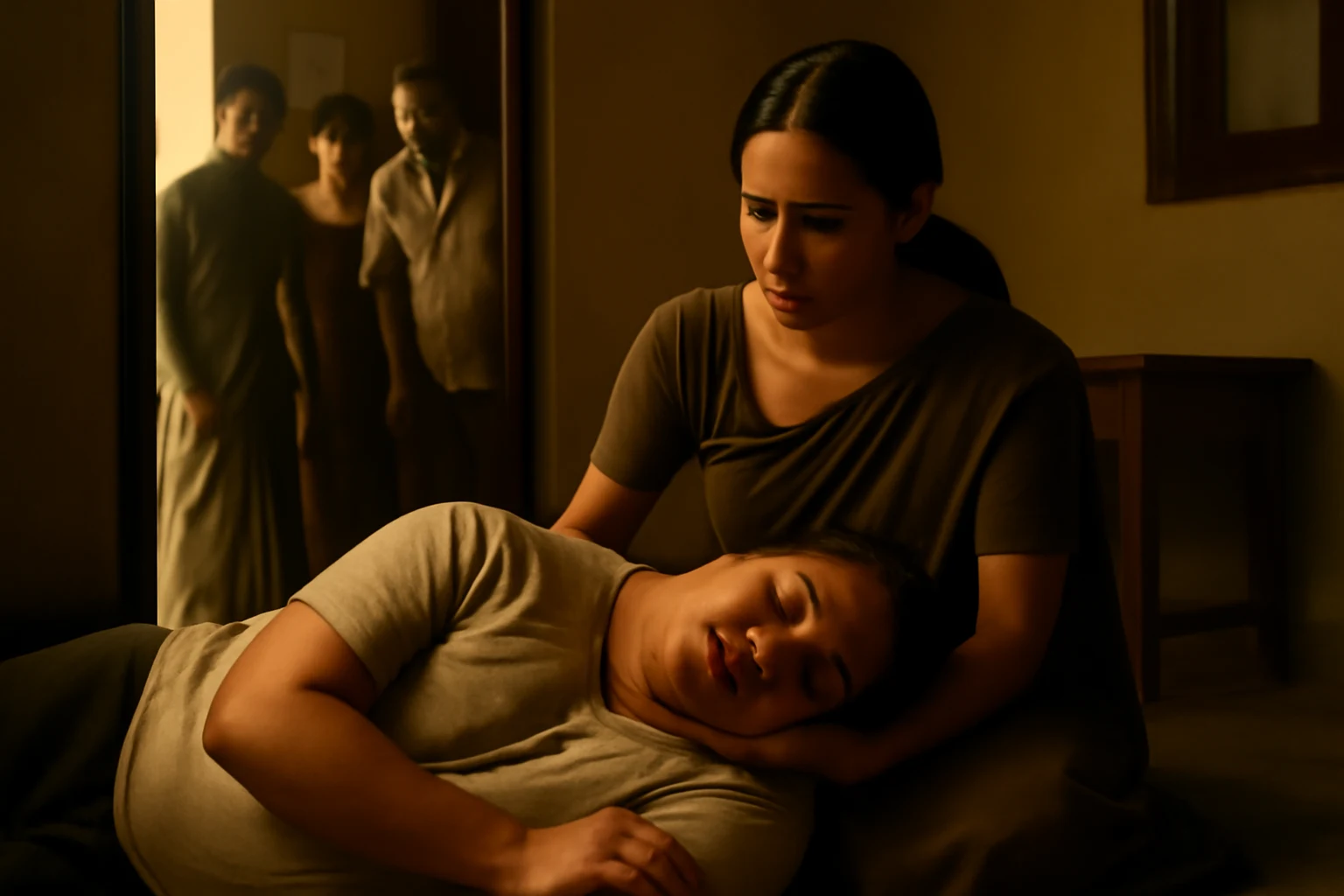A realistic 16:9 scene showing Ramesh, a slightly round-bodied man, slumped on the floor of a modest home as neighbors peer in, while Meenakshi, in a simple saree, cradles his head in concern. In a separate scene, Meenakshi sits alone in a hospital waiting room, clutching medical bills, her saree bag beside her, eyes distant with worry and exhaustion.