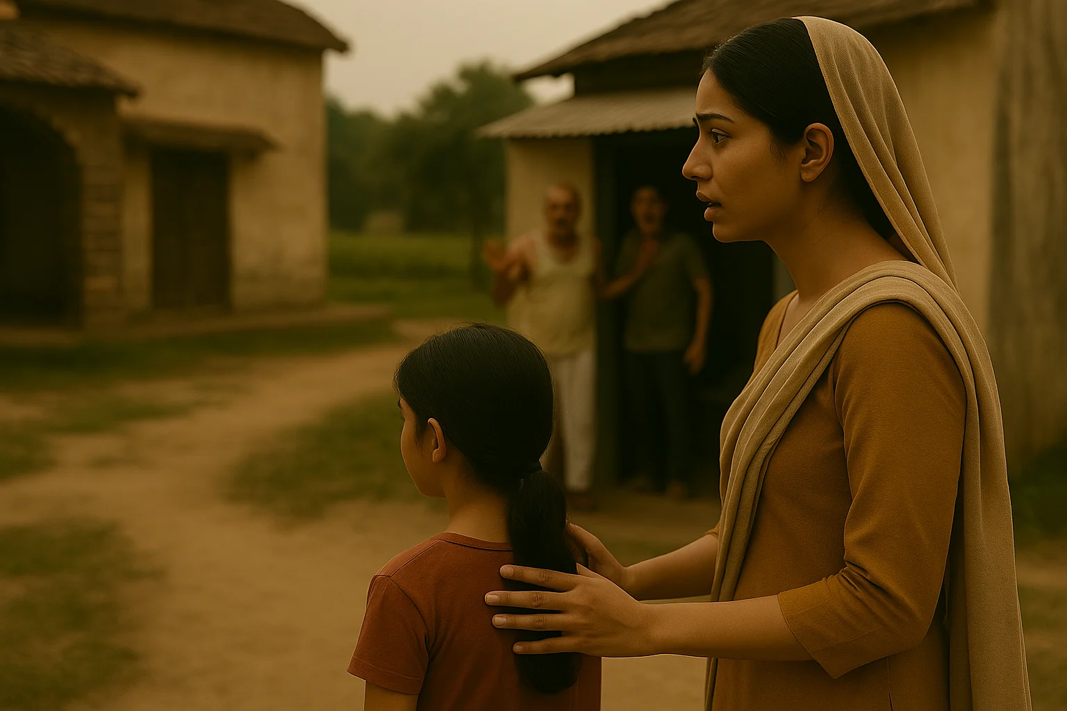 South Asian mother and young daughter observing from a distance with concerned expressions in a rural Indian village backdrop