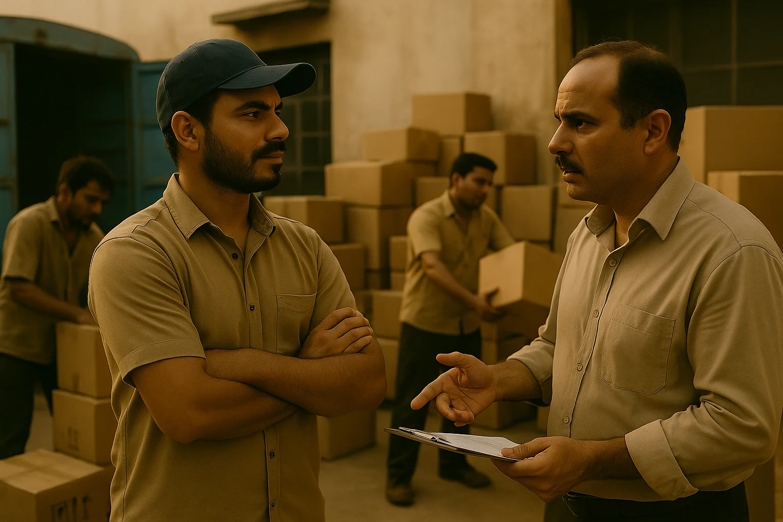 Indian transport worker negotiating with his manager in a busy warehouse yard with cardboard boxes and staff working in the background