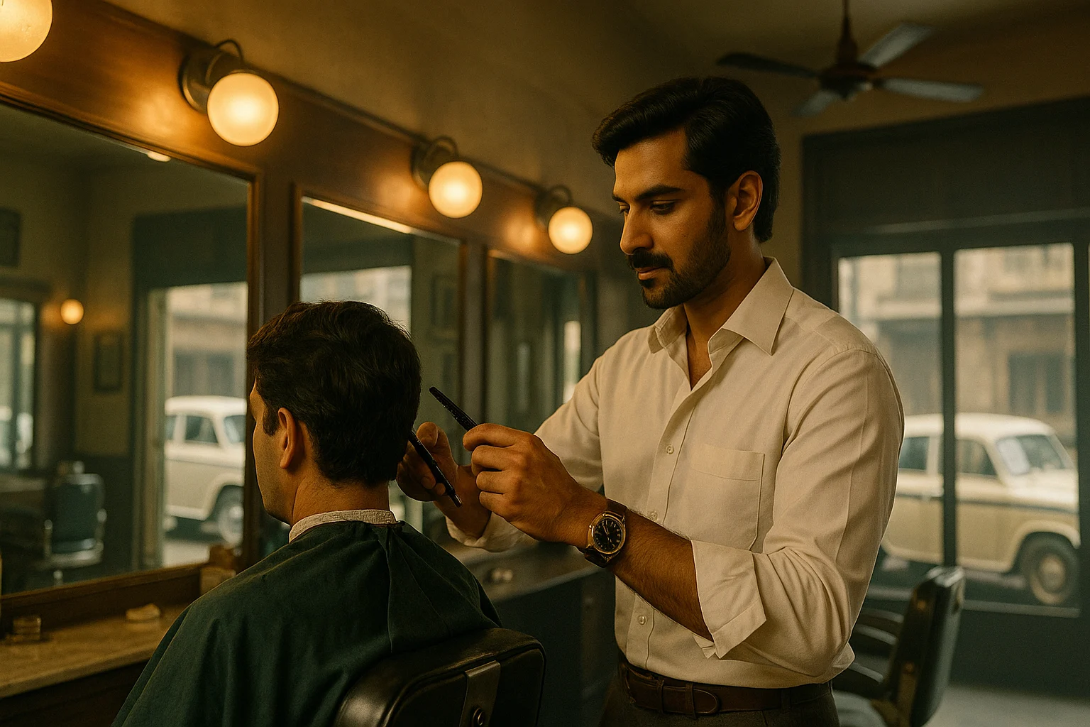 Indian barber Kishan in a white shirt and Rolex cutting a client's hair in a 1980s Bombay salon