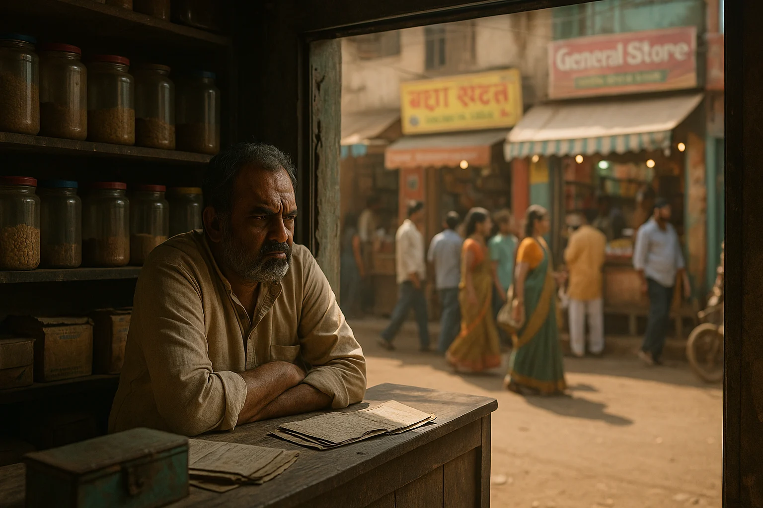 Middle-aged Indian shopkeeper sits bitterly in his failing grocery store while modern shops outside thrive.