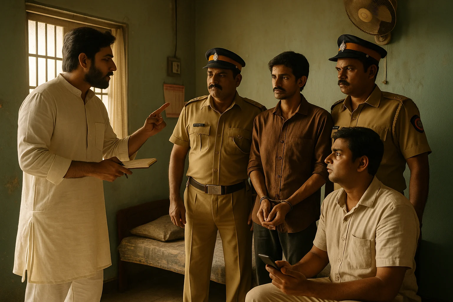 Arjun Mishra, a social activist, challenges three Railway Police constables while Madhab stands uneasy in handcuffs and Prakash looks relieved.