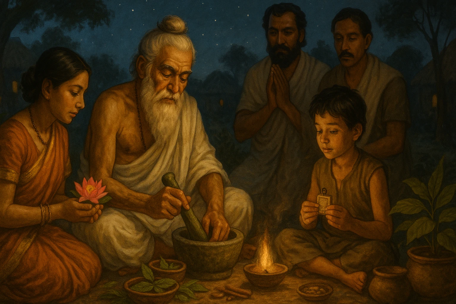 An elderly Vedic healer preparing herbal medicine surrounded by villagers seeking blessings.