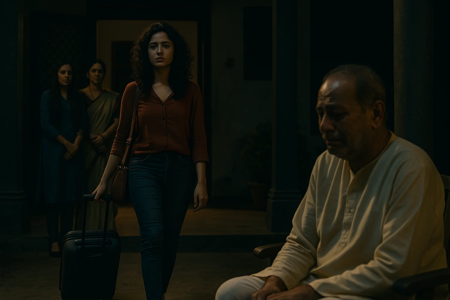 Ritika walks out with a suitcase at night while her father sits in tears on the veranda and her mother and sisters stand helpless in the doorway.