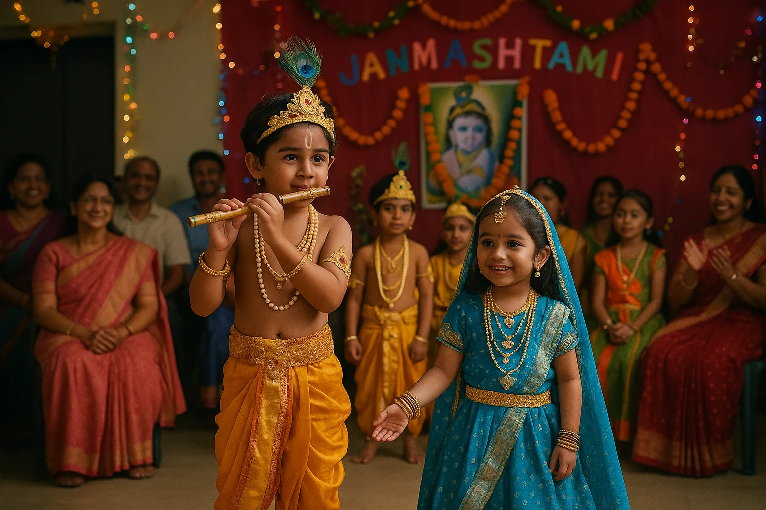 Young children dressed as Krishna and Radha perform a Janmashtami skit in a decorated hall, while parents and teachers watch with joy.