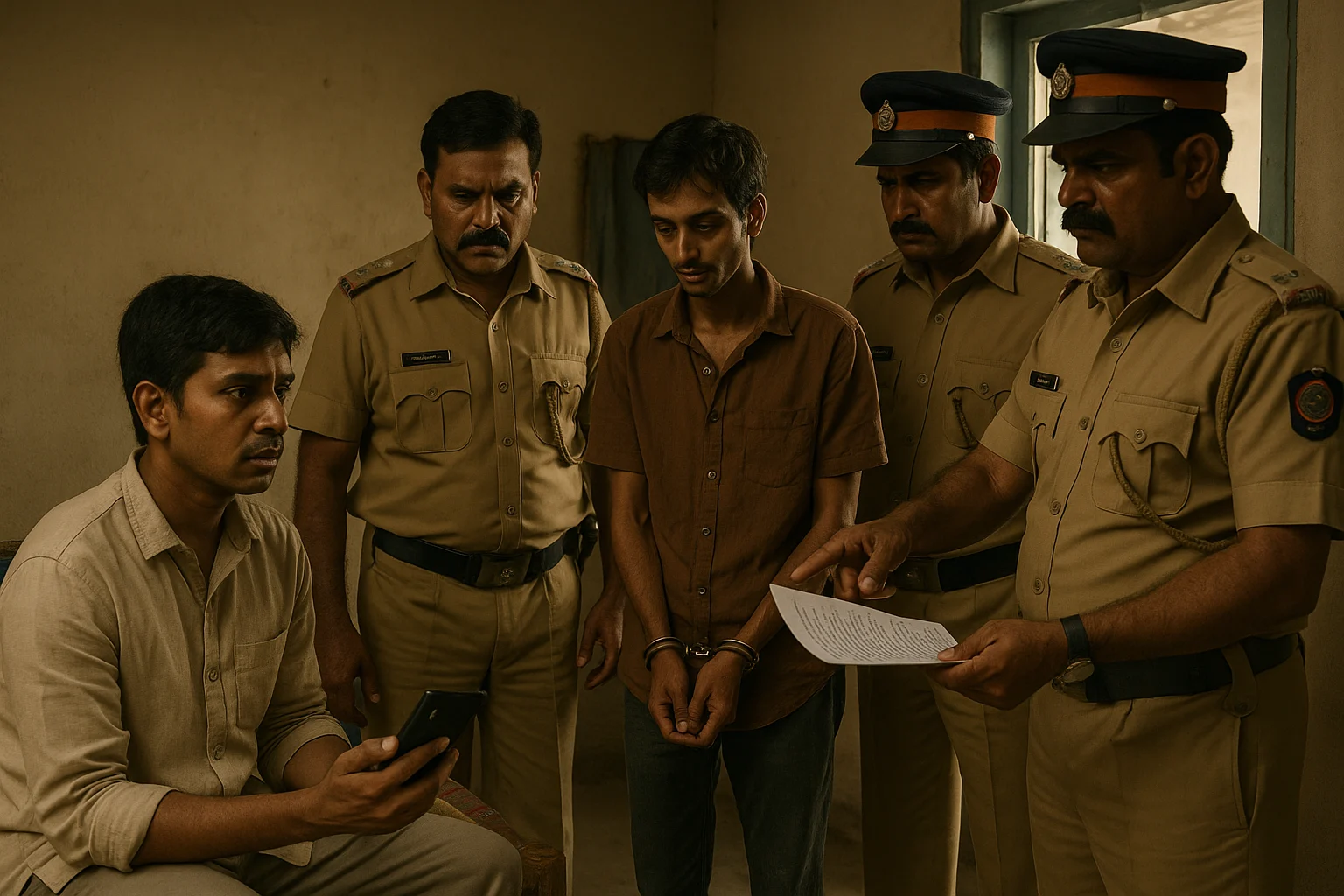 Three Railway Police constables and Madhab in handcuffs intimidate Prakash inside his modest rented room.