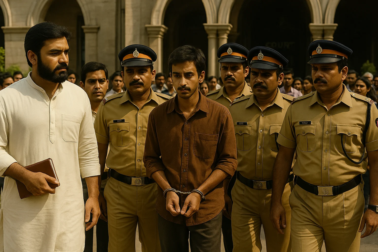 Madhab in handcuffs is escorted out of a courthouse by constables, with Arjun Mishra and Prakash observing among the crowd.
