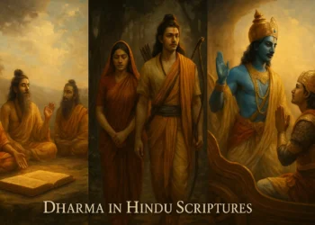 Triptych showing Vedic rishis reciting, Rama with Sita walking in the forest, and Krishna counseling Arjuna on his chariot.