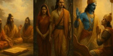 Triptych showing Vedic rishis reciting, Rama with Sita walking in the forest, and Krishna counseling Arjuna on his chariot.
