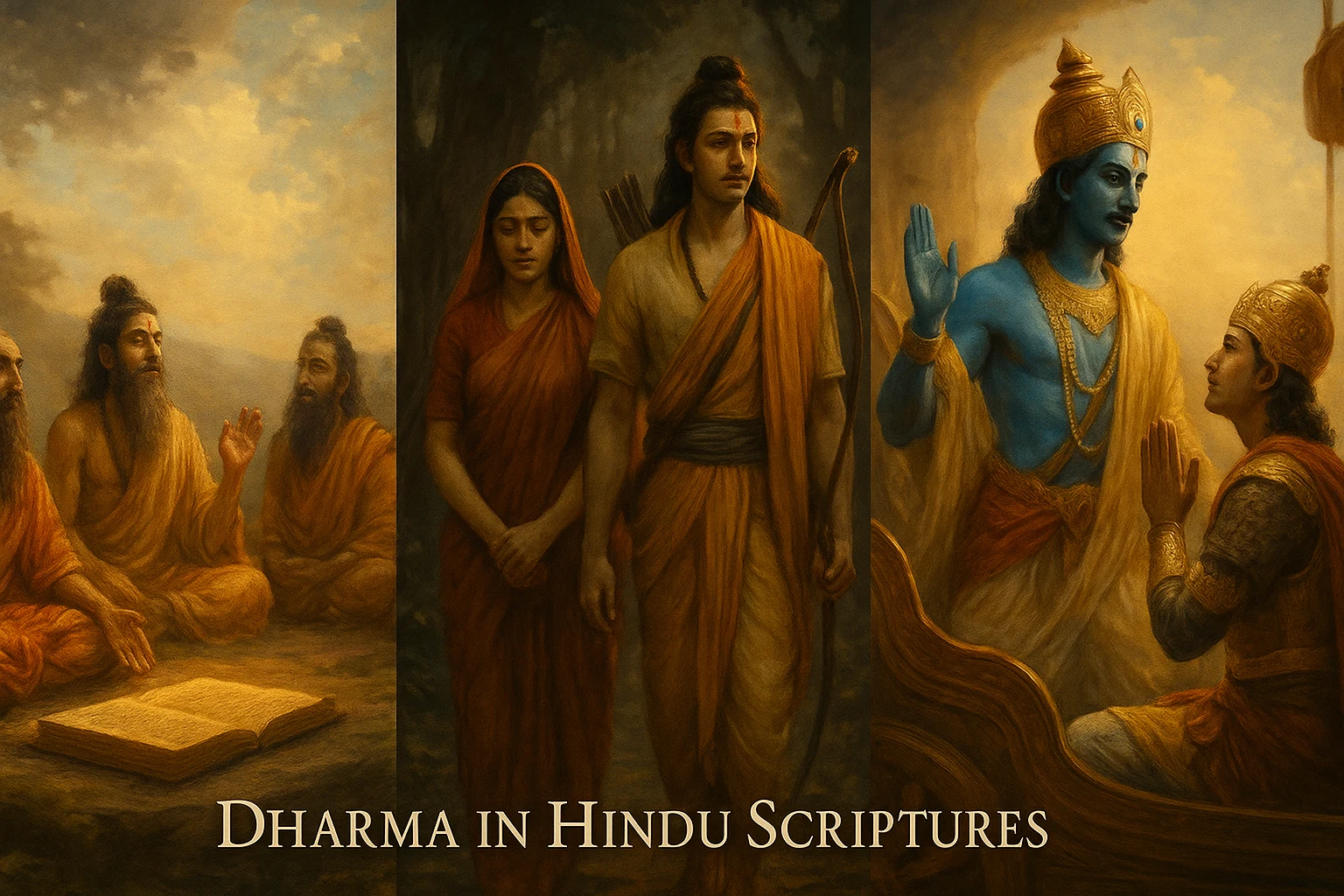 Triptych showing Vedic rishis reciting, Rama with Sita walking in the forest, and Krishna counseling Arjuna on his chariot.
