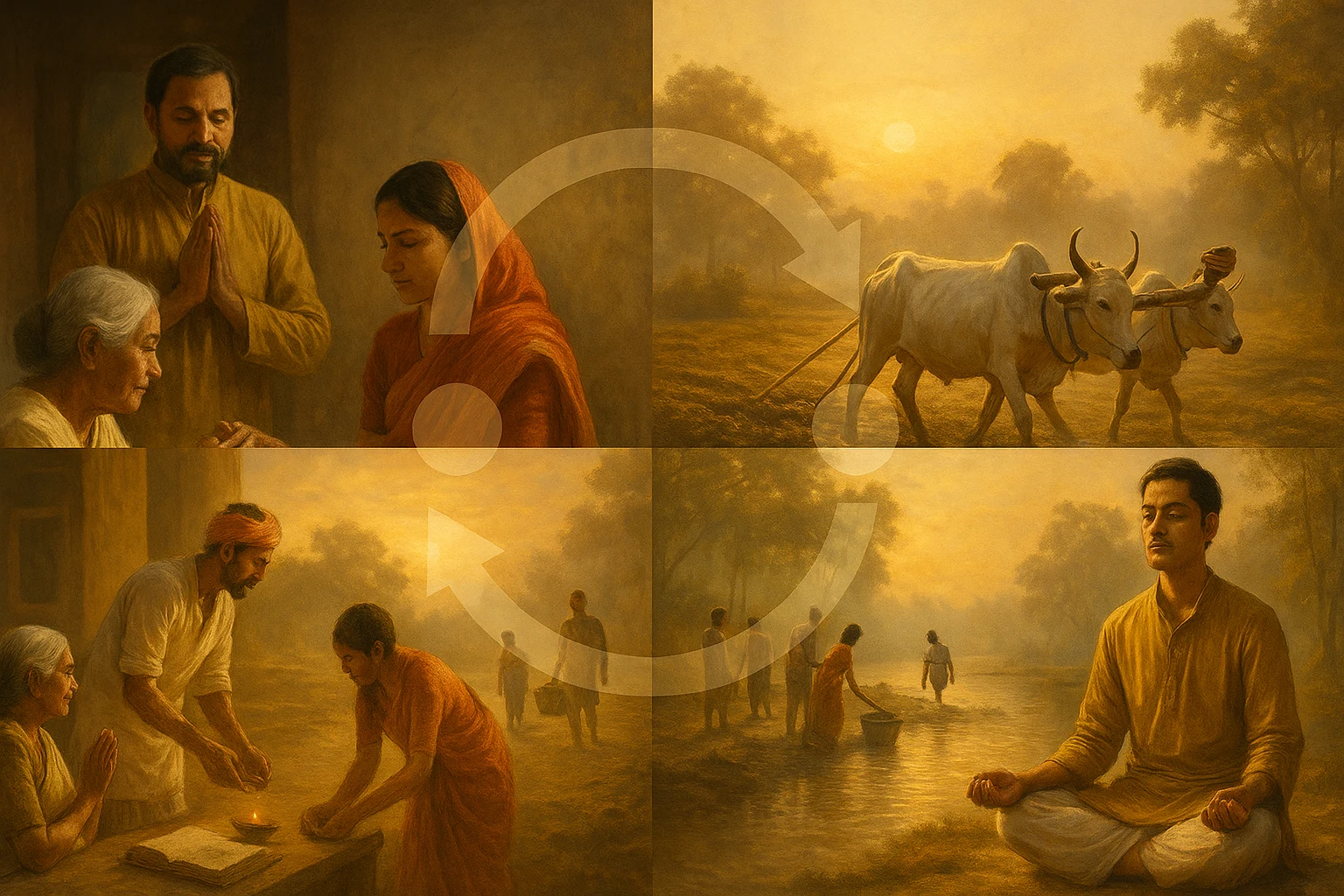 A four-scene depiction of Dharma in daily life—family honoring elders, farmer with oxen, villagers cleaning a river, and a man meditating—with a circular karma symbol overlay.