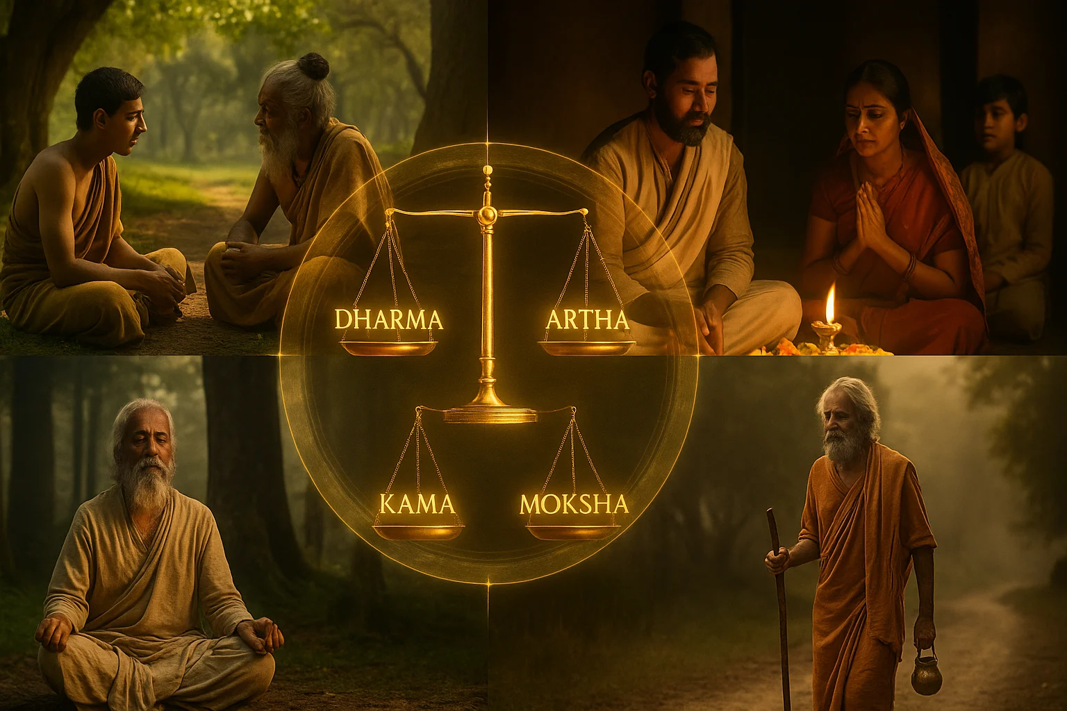 Four life stages of Hindu philosophy—student with guru, family worship, sage meditating, renunciate walking—with golden balance of Dharma, Artha, Kama, Moksha.