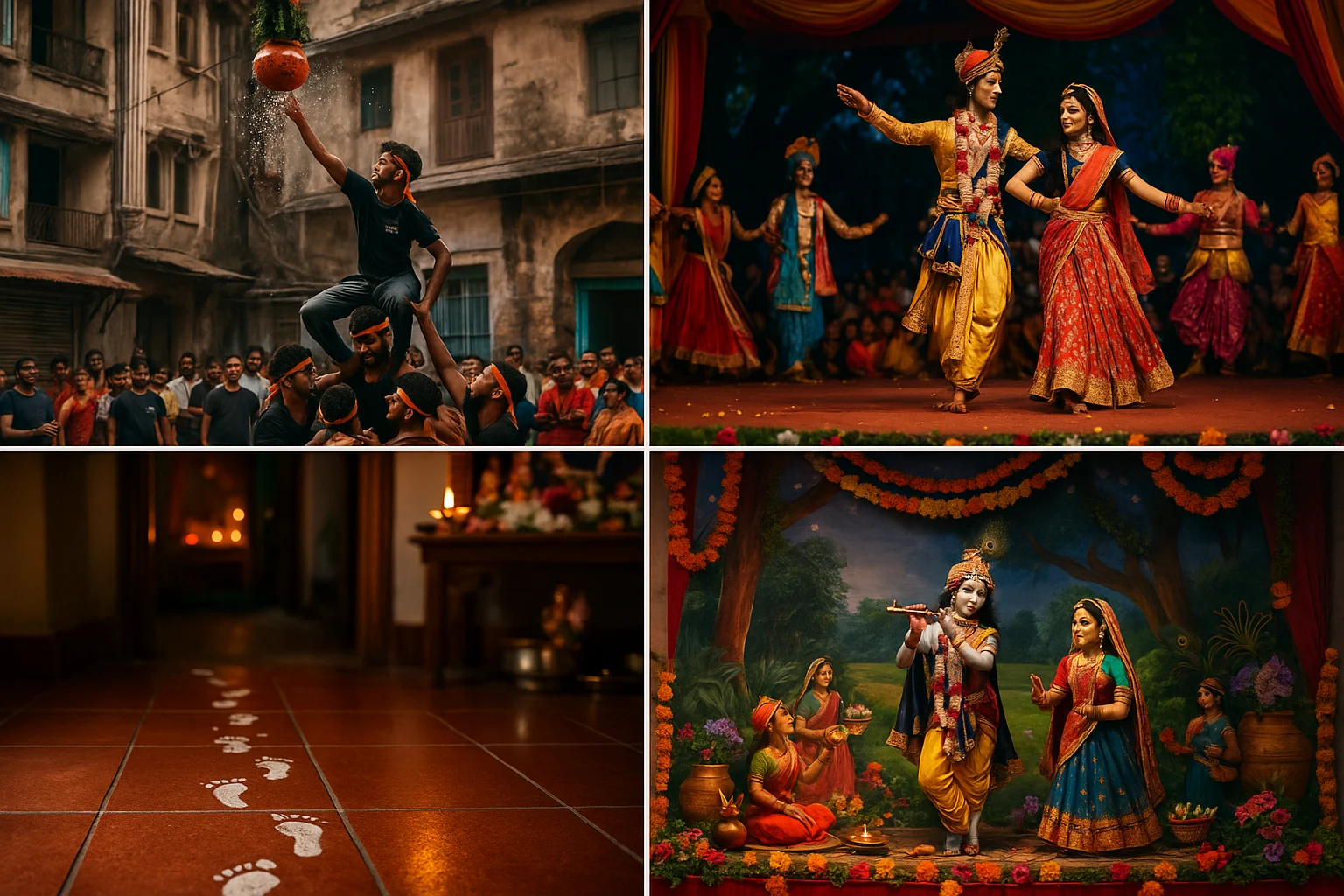 A composite image showing Dahi Handi in Maharashtra, Raslila drama in Vrindavan, rice flour footprints in South India, and a decorated Jhanki in Delhi.