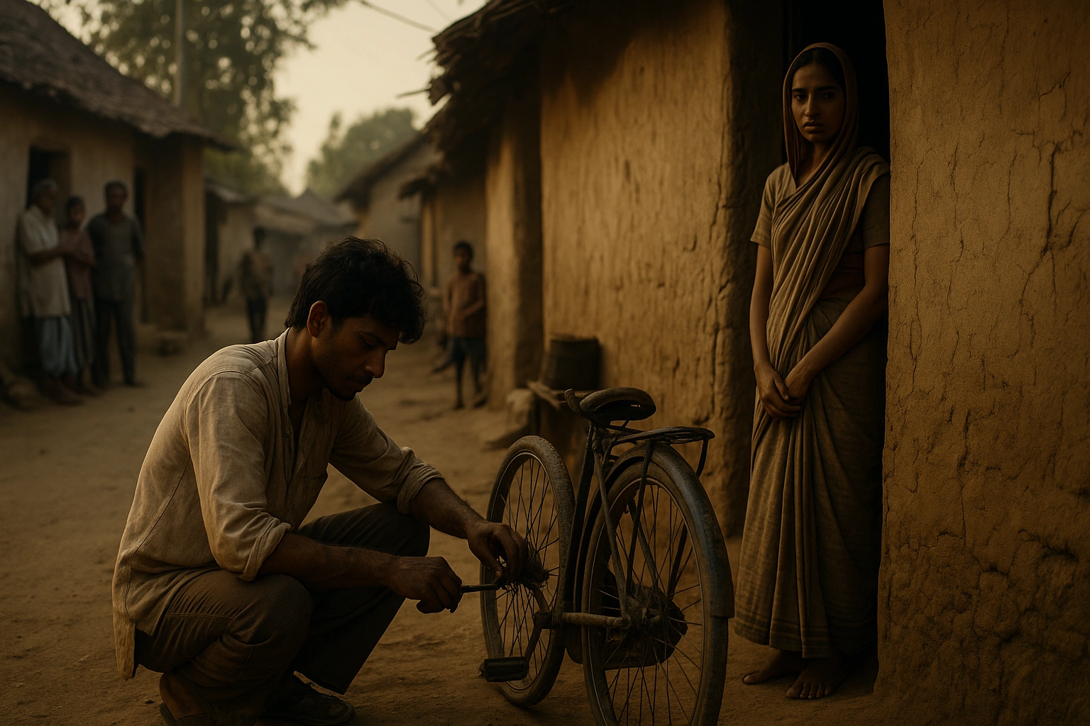 A young mechanic repairs a bicycle in a dusty Bihar village as his wife looks on from their mud house doorway.
