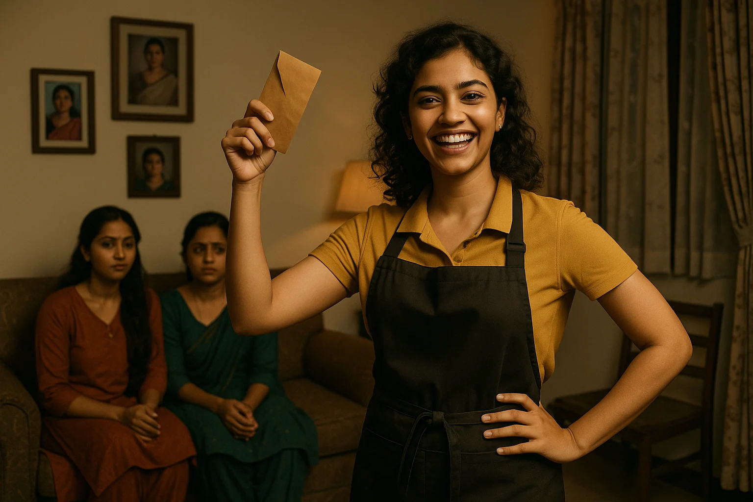 Ritika in her coffee shop uniform proudly waves her first salary while her two elder sisters watch with concern in their Lucknow home.