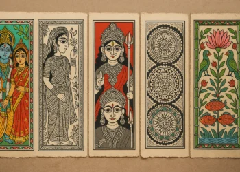 A montage of Bharni, Katchni, Tantrik, Godna, and Kohbar Madhubani styles on handmade paper.