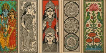 A montage of Bharni, Katchni, Tantrik, Godna, and Kohbar Madhubani styles on handmade paper.