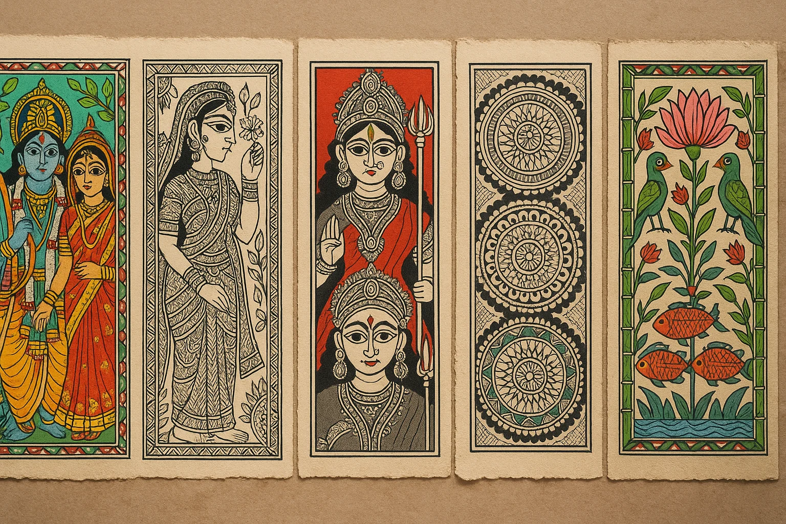 A montage of Bharni, Katchni, Tantrik, Godna, and Kohbar Madhubani styles on handmade paper.