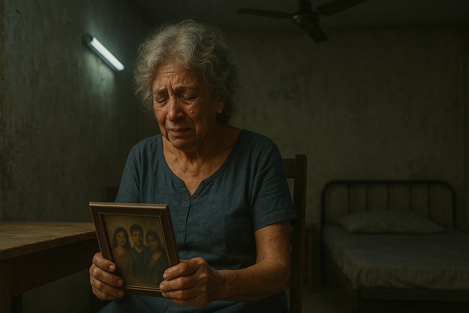 An elderly Ritika sits alone in a dim Mumbai flat, holding a faded family photograph with tears in her eyes.
