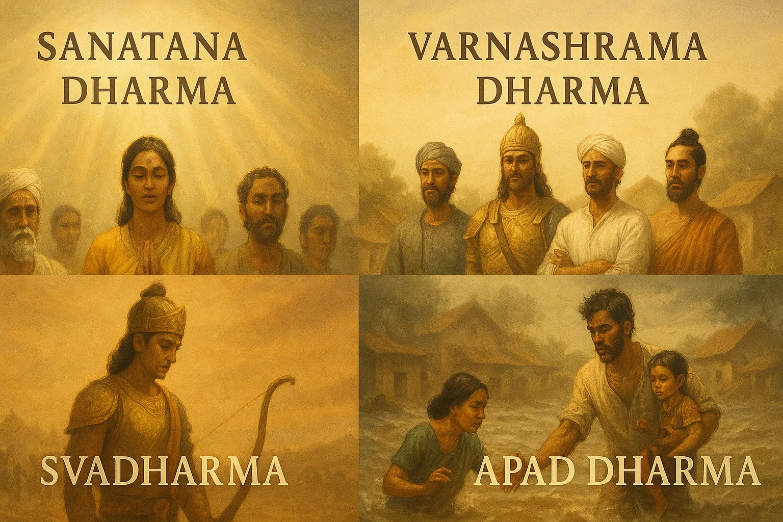 A four-panel cinematic painting showing Sanatana Dharma with radiant light, Varnashrama Dharma with social roles, Svadharma with Arjuna’s inner conflict, and Apad Dharma with villagers helping in a flood.