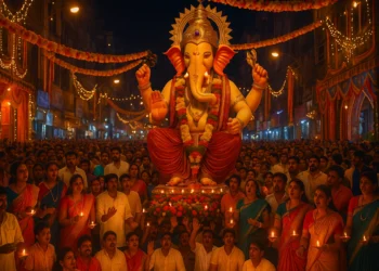 Devotees gather around the grand idol of Lalbaugcha Raja during Ganesh Chaturthi in Mumbai with lights, chants, and festive decorations.
