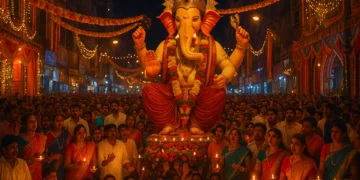 Devotees gather around the grand idol of Lalbaugcha Raja during Ganesh Chaturthi in Mumbai with lights, chants, and festive decorations.