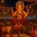 Devotees gather around the grand idol of Lalbaugcha Raja during Ganesh Chaturthi in Mumbai with lights, chants, and festive decorations.