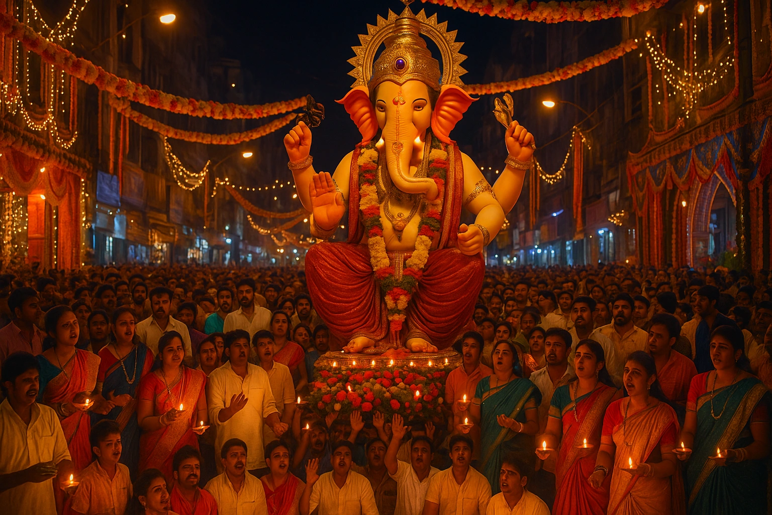 Devotees gather around the grand idol of Lalbaugcha Raja during Ganesh Chaturthi in Mumbai with lights, chants, and festive decorations.